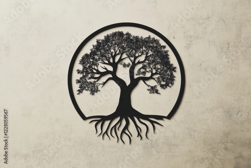 Intricate tree of life design featuring visible roots on a textured wall background. Generative AI photo