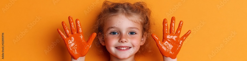 Vibrant Childhood Art Smiling Girl with Paint-Covered Hands on Orange Backdrop Creative Expression Content and Emotional Well-being in Educational Marketing Vibrant Childhood Art Smiling Girl with Paint-Covered Hands on Orange Backdrop Creative Expression Content and Emotional Well-being in Educational Marketing
