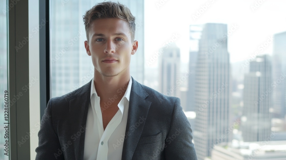 Young male entrepreneur with short, neatly styled hair, wearing a charcoal gray blazer over a white shirt, Young male entrepreneur with short, neatly styled hair, wearing a charcoal gray blazer over a white shirt,