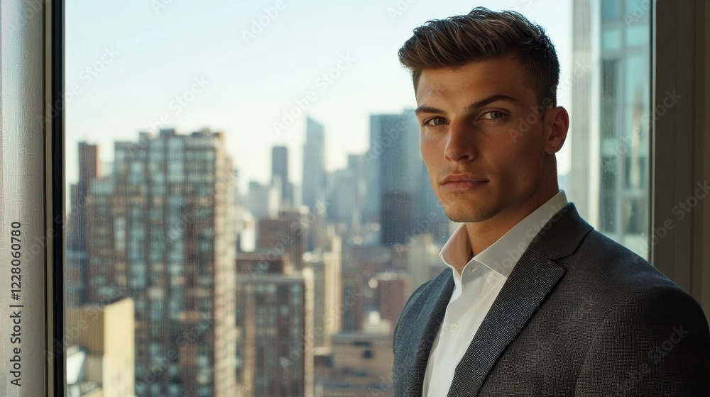 Young male entrepreneur with short, neatly styled hair, wearing a charcoal gray blazer over a white shirt, Young male entrepreneur with short, neatly styled hair, wearing a charcoal gray blazer over a white shirt,