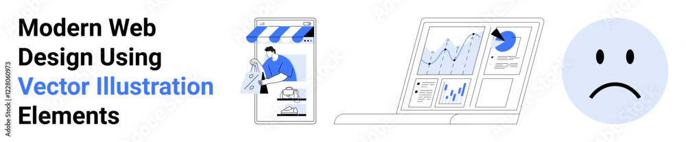 Fototapeta premium Online store vector with storefront, laptop displaying analytics, simple sad face icon. Ideal for web design, e-commerce, analytics, UX, emotion mapping, branding flat landing page banner