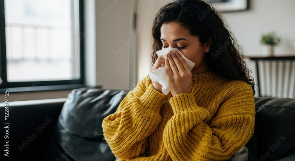 Woman sitting on a couch, feeling unwell and blowing her nose with a tissue Woman sitting on a couch, feeling unwell and blowing her nose with a tissue