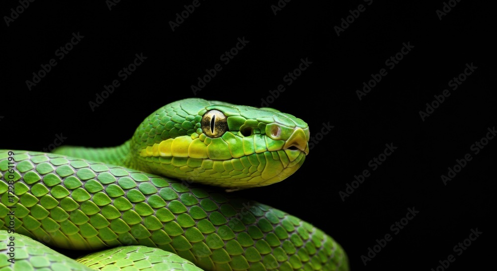 Close-up of a vibrant green snake with striking scales and intense eyes Close-up of a vibrant green snake with striking scales and intense eyes
