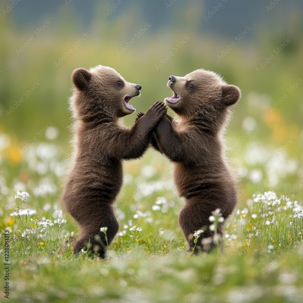 Obraz premium Two playful bear cubs engage in a joyful interaction amidst a meadow filled with wildflowers, capturing the essence of innocence and nature's beauty.