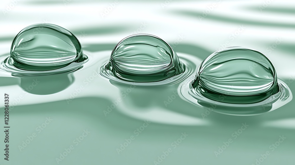Three Spheres Resting On A Serene Green Liquid Surface Three Spheres Resting On A Serene Green Liquid Surface