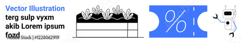 Plant rows in soil layers, percentage discount ticket with cutout, robotic arm interacting. Ideal for technology, gardening, e-commerce, savings, automation marketing innovation. Abstract line flat