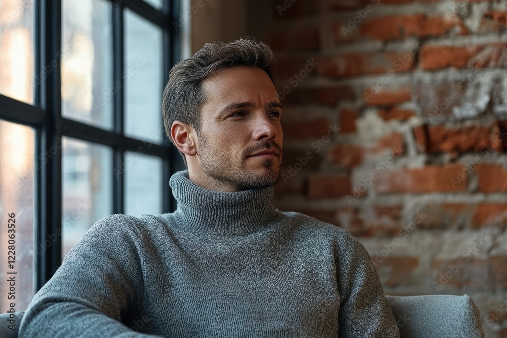 A contemplative man in a grey turtleneck sweater sits near a window, gazing thoughtfully. A contemplative man in a grey turtleneck sweater sits near a window, gazing thoughtfully.