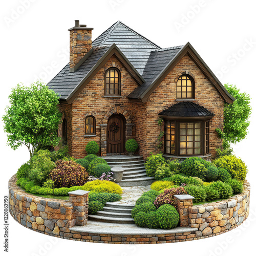 Beautiful brick house surrounded by lush greenery and flowers, isolated on a transparent background. PNG