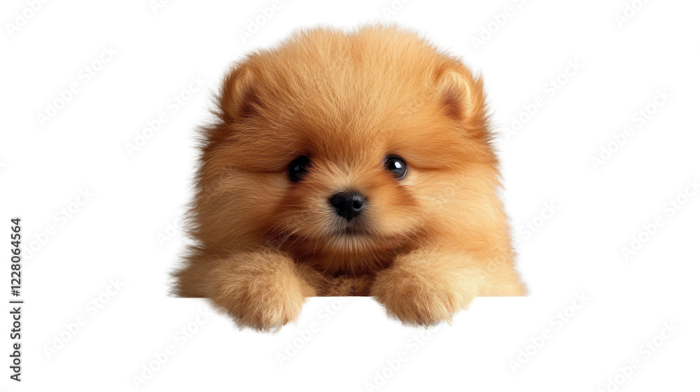Curious pomeranian puppy with fluffy fur peering over a surface, isolated on a transparent background. PNG Curious pomeranian puppy with fluffy fur peering over a surface, isolated on a transparent background. PNG