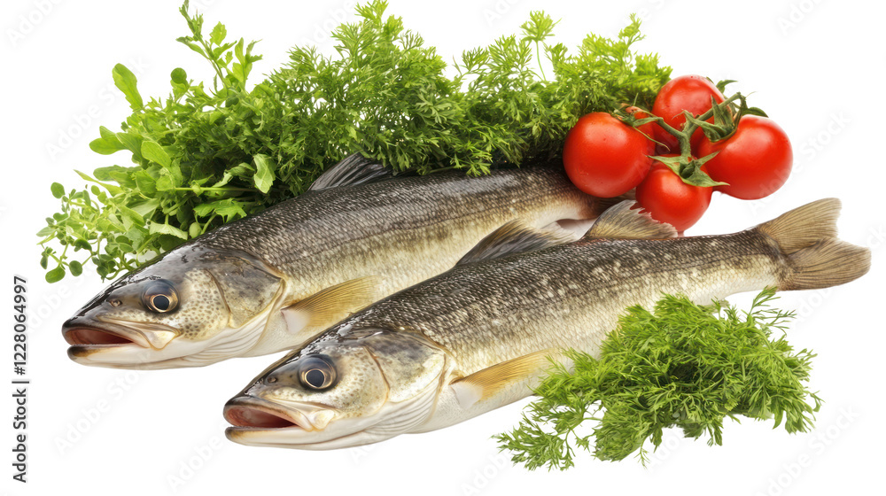 Fresh fish accompanied by ripe tomatoes and green herbs for cooking, isolated on a transparent background. PNG Fresh fish accompanied by ripe tomatoes and green herbs for cooking, isolated on a transparent background. PNG