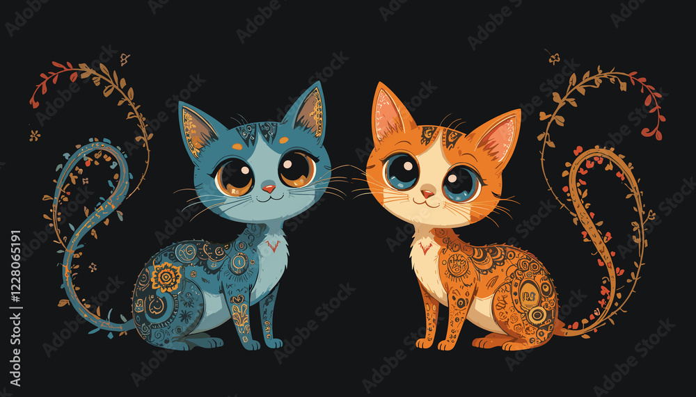 Obraz premium Colorful decorative cats with intricate patterns and big eyes on black background