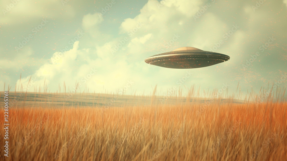 A flying saucer UFO hovers over an endless field o_004 A flying saucer UFO hovers over an endless field o_004