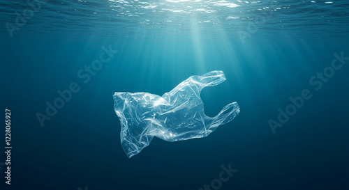 Plastic bag floats in the ocean under the sun. Plastic waste pollutes the ocean