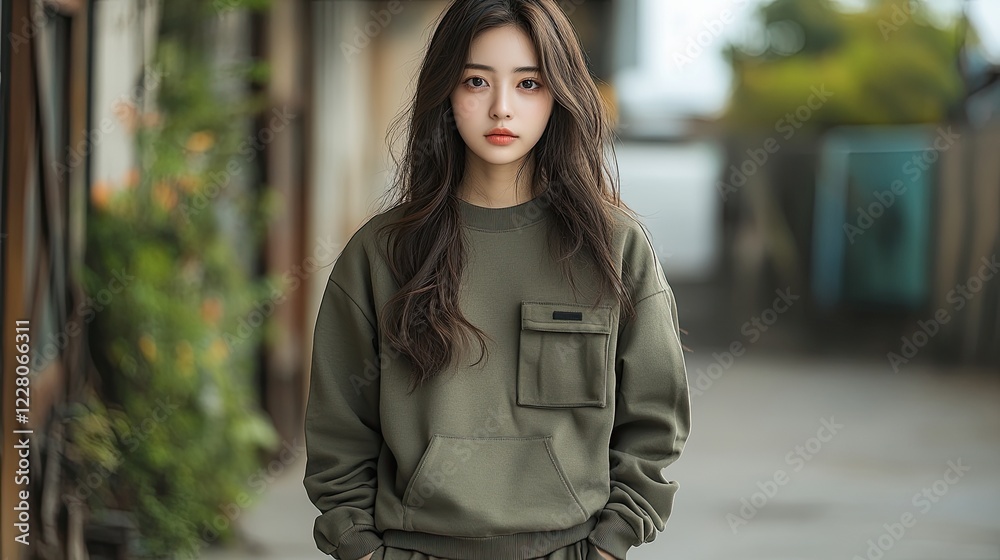 Fototapeta premium A young woman with long dark hair, wearing a green sweatshirt, stands in a city street.