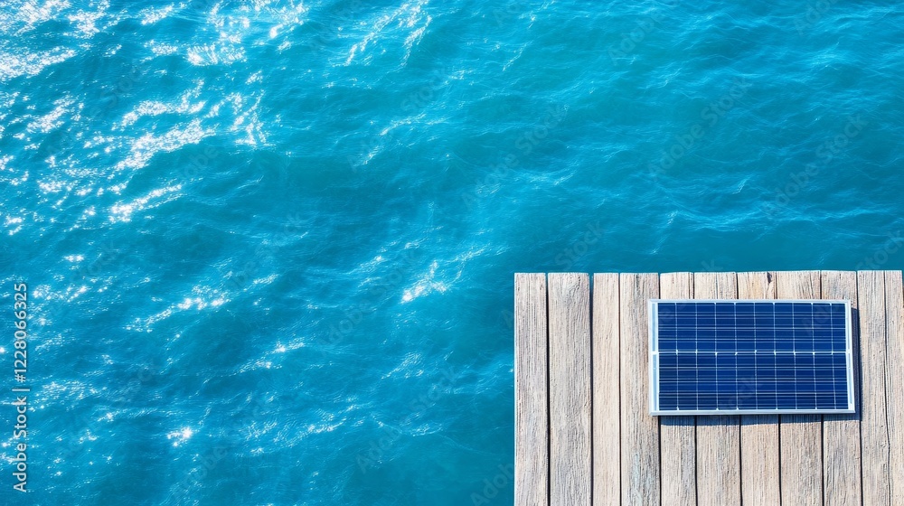 Obraz premium Solar Panel on Ocean Dock - Clean energy, solar power, ocean view, sustainable technology, renewable resource.