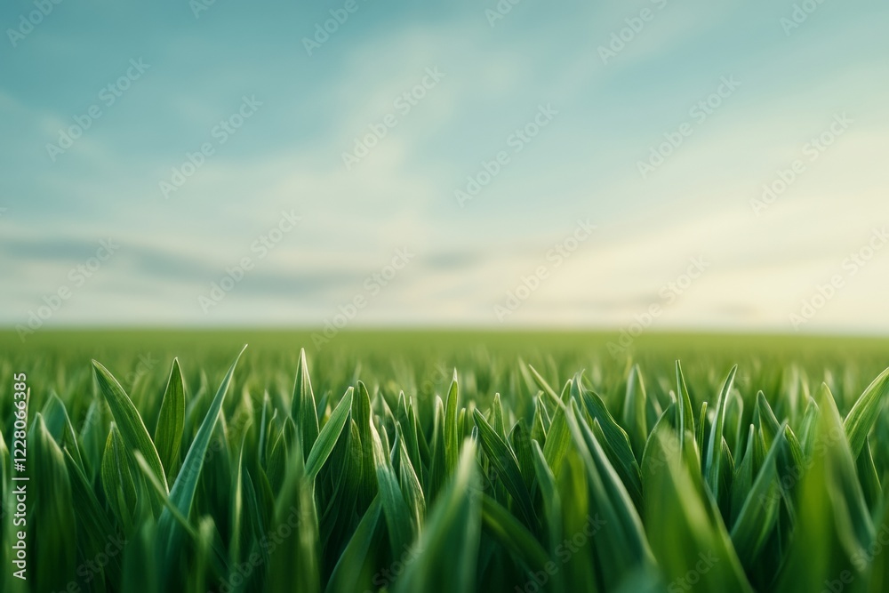 Fototapeta premium Pastoral Bliss Expansive Green Grass Field Under Gentle Sunlight - Eco Imagery for Modern Branding, Environmental Campaigns, and Biophilic Design Inspiration