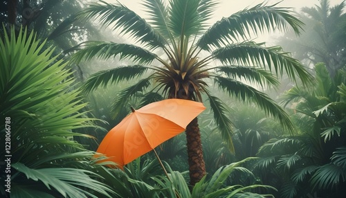 Una palmera tropical con grandes hojas verdes sobre un fondo verde y exuberante. En primer plano se ve un paraguas naranja, lo que sugiere un día lluvioso o nublado photo