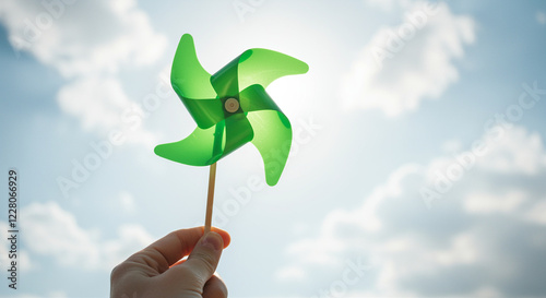 Green pinwheel held against a cloudy sky. Hand holding a green pinwheel toy