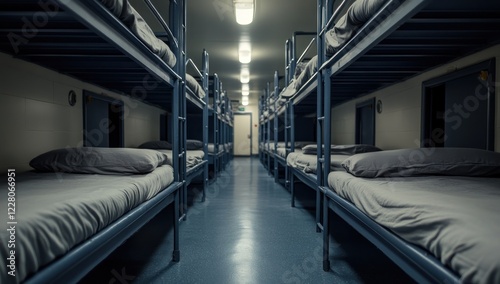 Long Corridor of Bunk Beds in a Dark Room