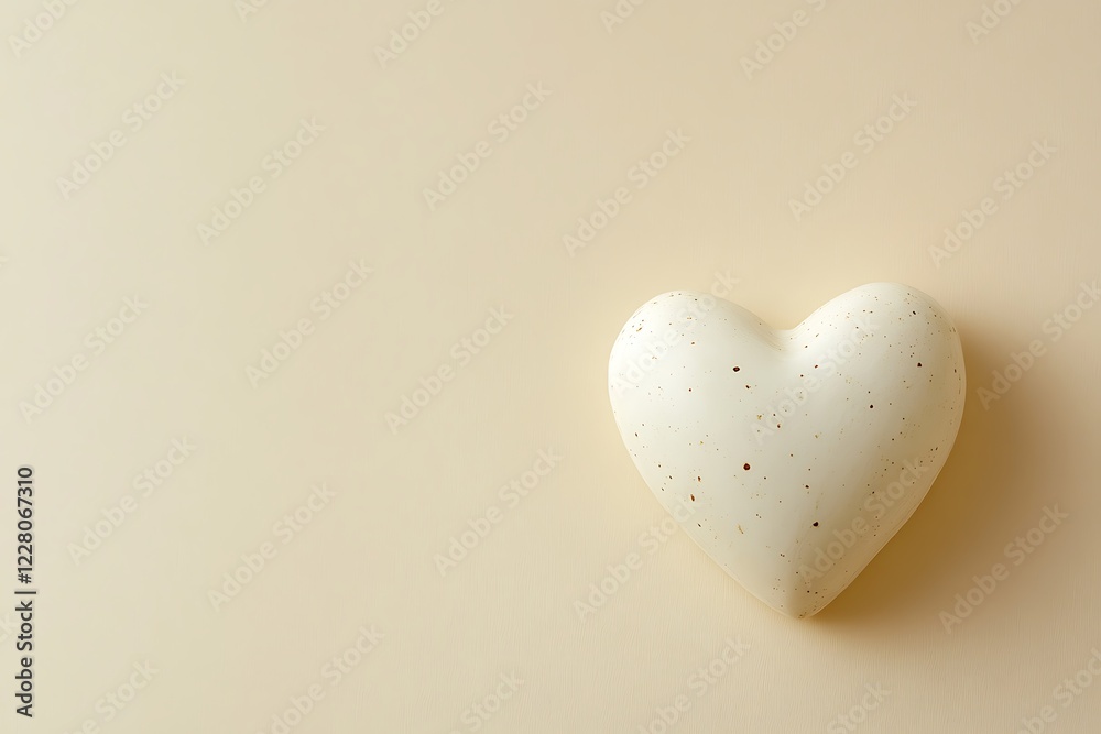 A single white heart on a beige background with golden glitter A single white heart on a beige background with golden glitter