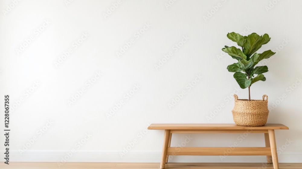 Fototapeta premium Eco-Chic Home Entry Design Wooden Bench and Fiddle Leaf Fig in Minimalist Space - Sustainable Decor and Urban Living Concepts for Modern Interiors