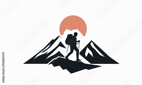 Mountain Climber Trekking Silhouette with Backpack Minimalist Vector Illustration