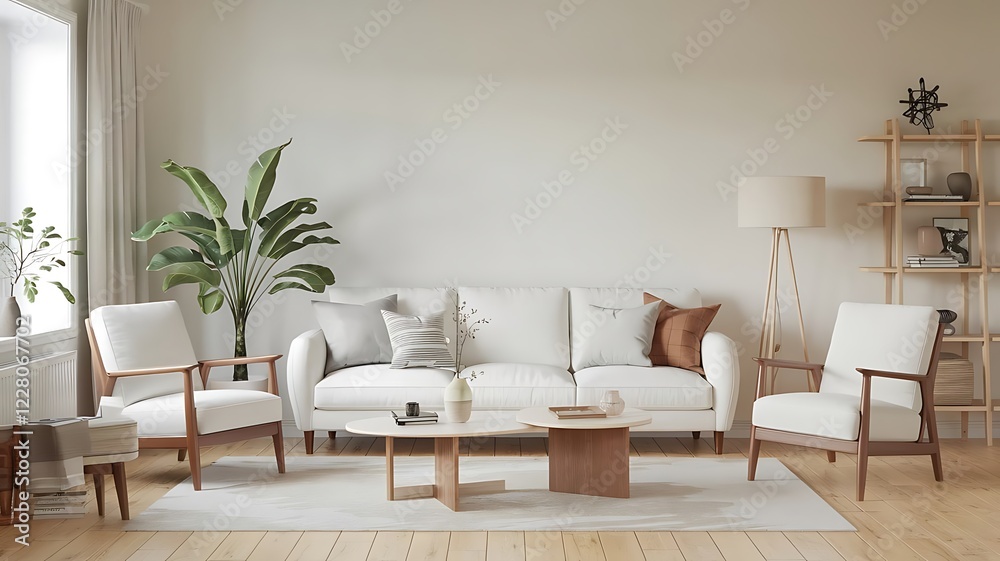 White sofa and armchairs in scandinavian style home interior design of modern living room White sofa and armchairs in scandinavian style home interior design of modern living room