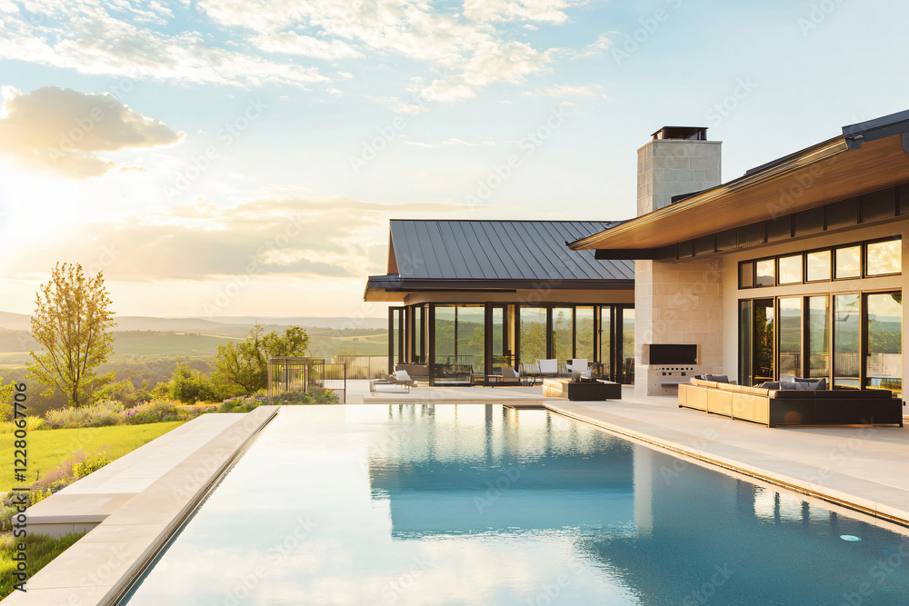 Fototapeta premium infinity edge pool reflecting modern Texas mansion