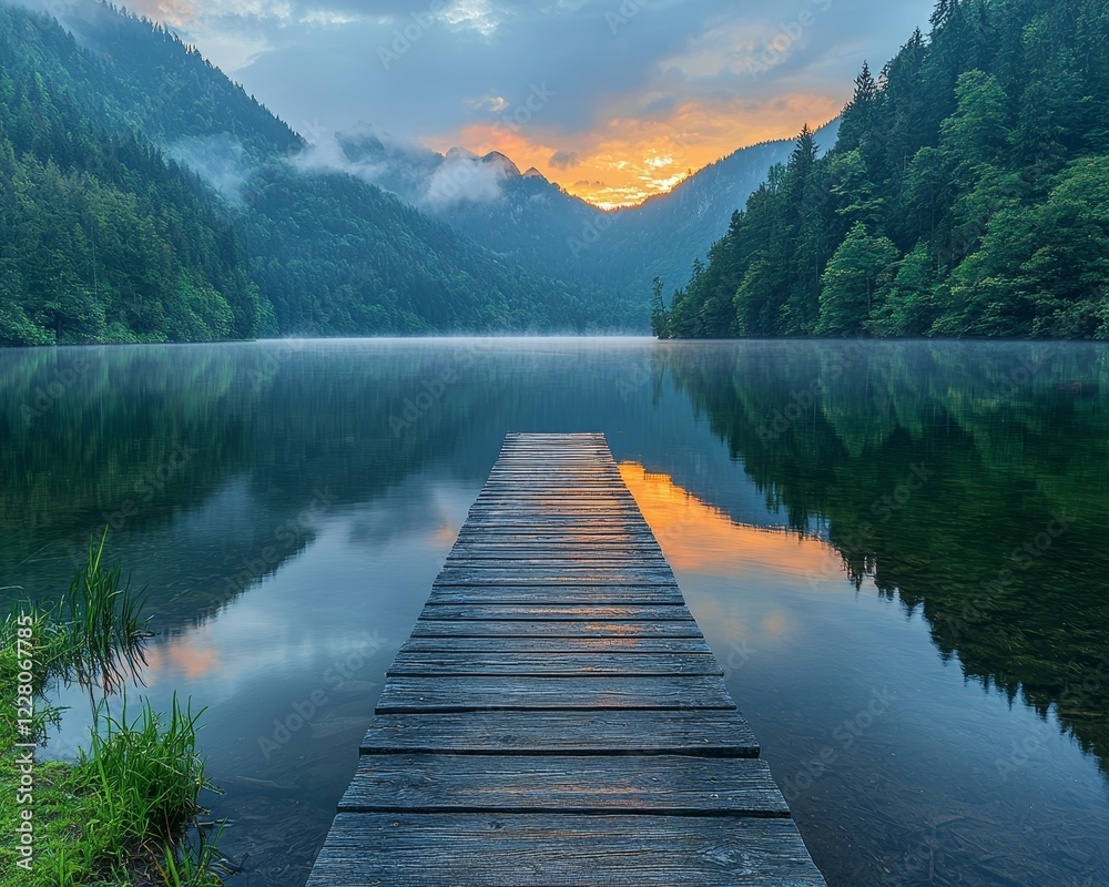 Serene Lakeside Pier at Dramatic Sunset with Reflected Mountains Serene Lakeside Pier at Dramatic Sunset with Reflected Mountains