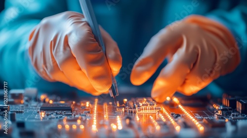 Tech Repair Precision Technician Handcrafting Semiconductor on Circuit Board - Cutting-edge Device Maintenance and Mobile Connectivity Solutions for Tech-Savvy Markets photo