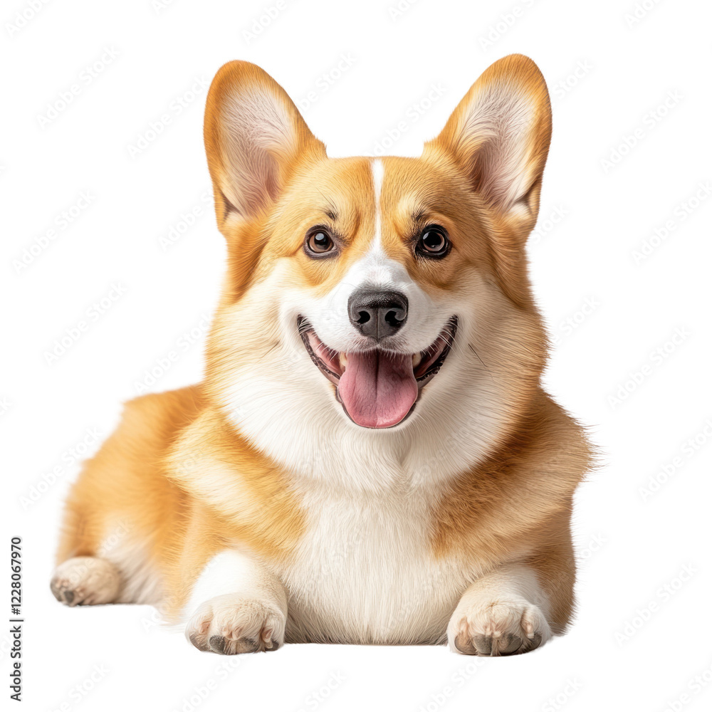 Friendly corgi resting with a cheerful smile and alert posture, isolated on a transparent background. PNG Friendly corgi resting with a cheerful smile and alert posture, isolated on a transparent background. PNG