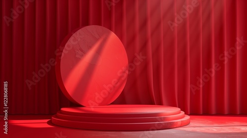 3D Render of Abstract red Composition with Podium. Minimal Studio with Round Pedestal and Copy Space