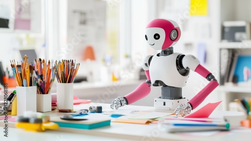 A humanoid robot organizing a craft station with art supplies in a bright workspace, with a focus on neatness and clean surroundings, Creative style