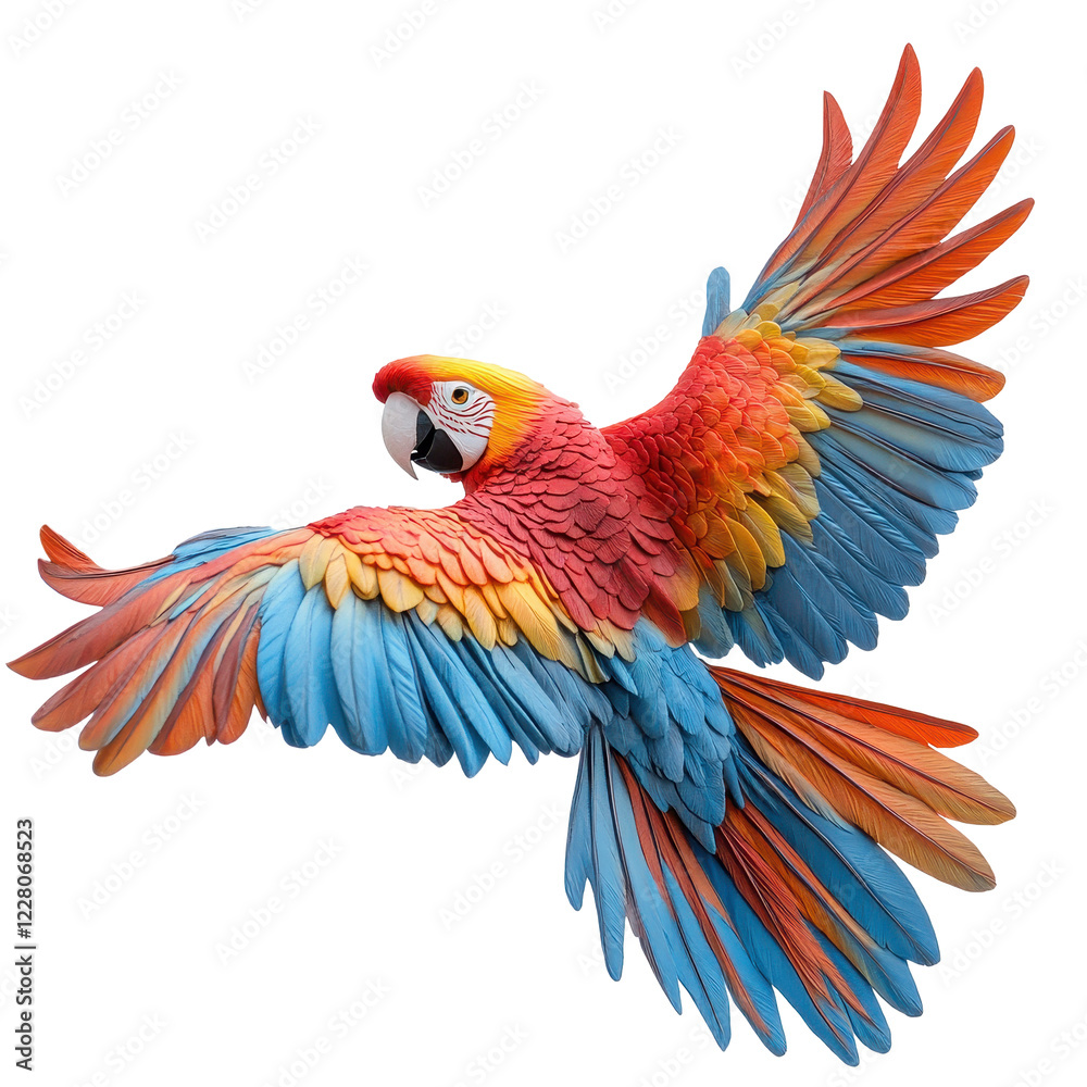 Obraz premium Colorful parrot glides gracefully through a bright tropical landscape isolated on transparent background