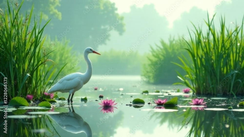 Obraz premium A white bird is standing in a pond with pink flowers. The scene is peaceful and serene, with the bird and flowers creating a sense of calmness and tranquility