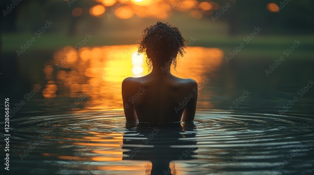 Fototapeta premium Serene Summer Solace Person Floating in Tranquil Lake Golden Reflection Shimmering Under Sunset Glow
