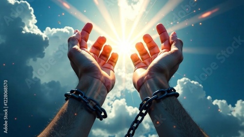 A person's hands are chained together, but they are reaching up towards the sky. Concept of freedom and hope, as the person is trying to break free from their chains and reach for something better