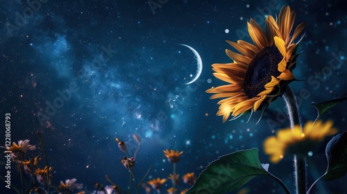 Sunflower Reaches for the Moon in a Celestial Nighttime Landscape Filled With Dreams and Hopes photo