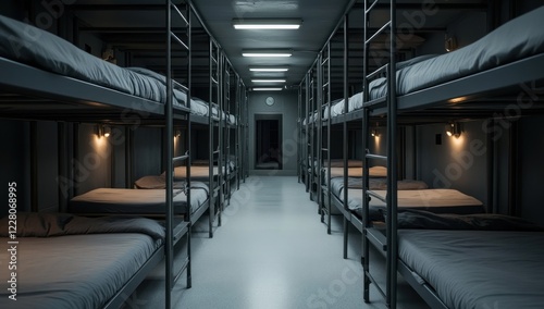 Long Corridor of Bunk Beds in a Dark Room