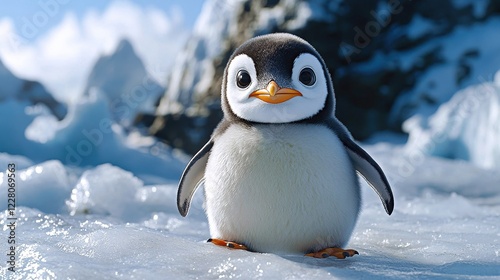Fat penguin waddling on icy terrain while proudly holding a fish in its beak under a clear blue sky