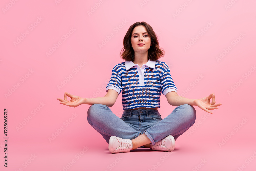 Charming young woman meditating in a casual striped t-shirt on a pink background Charming young woman meditating in a casual striped t-shirt on a pink background