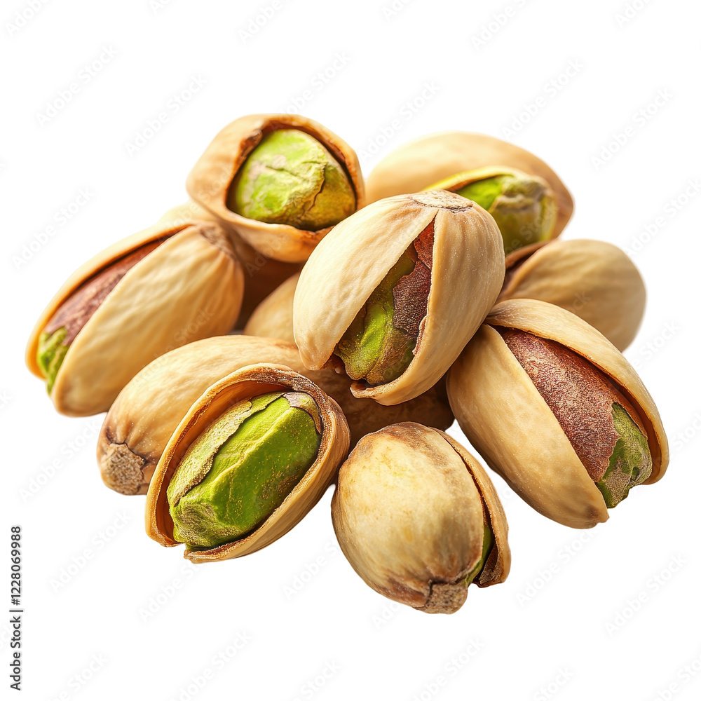 Pistachios stacked artistically on a white background showcasing their texture and rich green color isolated on transparent background Pistachios stacked artistically on a white background showcasing their texture and rich green color isolated on transparent background