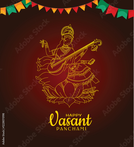 Easy to edit vector illustration of Goddess Saraswati for Vasant Panchami Puja of India 