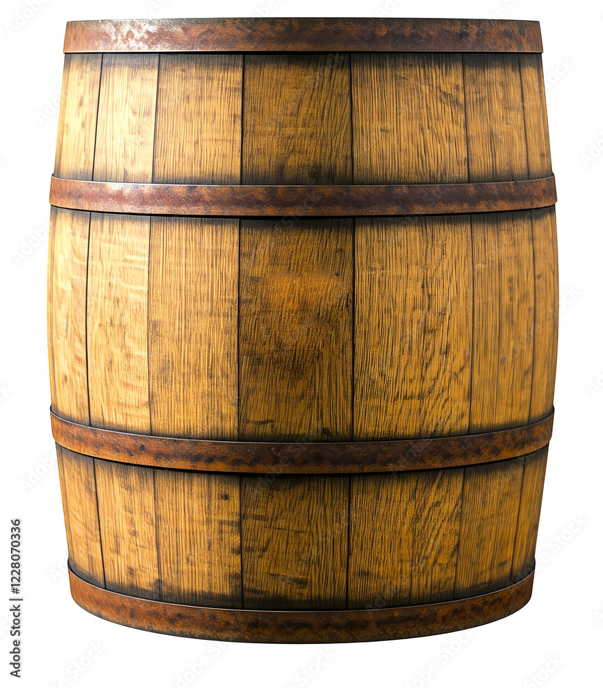 Obraz premium Smooth, polished wood curves gracefully into a classic barrel shape, its rich grain highlighted by sturdy metal bands