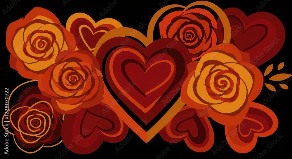Abstract Hearts and Roses Graphic Design with Black Background Abstract Hearts and Roses Graphic Design with Black Background