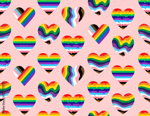 Rainbow striped various hearts icons seamless pattern. LGBT community concept. Template gay Pride Month celebration. Seamless Pastel Rainbow Colored Hearts Rainbow flags. Vector LGBT seamless pattern.