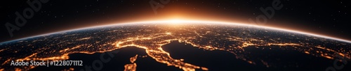 Futuristic Satellite Communication Orbiting Tech Satellite with Solar Panels over Illuminated Earth - Global Connectivity and Digital Advertising in Telecom Industry