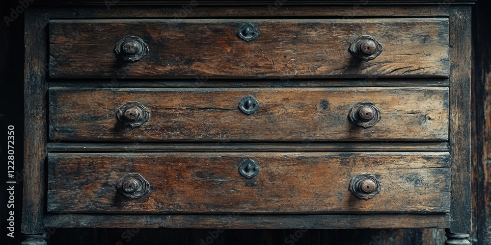 Wooden antique dresser with metal handles.
