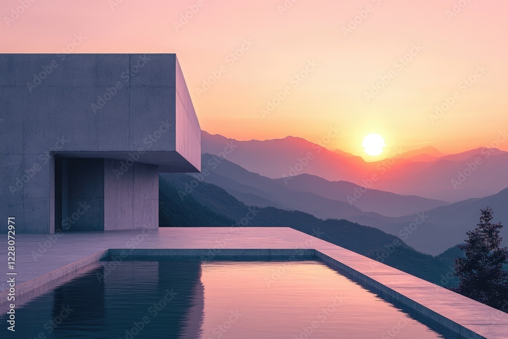 Minimalist concrete house with infinity pool overlooking sunset mountain range. Minimalist concrete house with infinity pool overlooking sunset mountain range.
