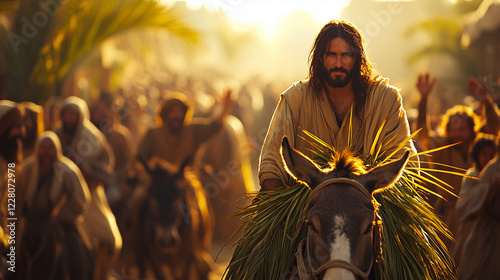 Triumphal entry of Jesus into Jerusalem riding on a donkey and crowd of people receiving him with palm leaves. Biblical scene, Christian religion. Copy space. Palm Sunday celebration.